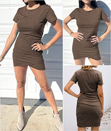 BTFBM Women’s Summer Dresses 2026 Casual Bodycon Mini Dress Short Sleeve Crew Neck Ruched Spring Beach Vacation Outfits(Khaki, X-Large) - Thumbnail 4