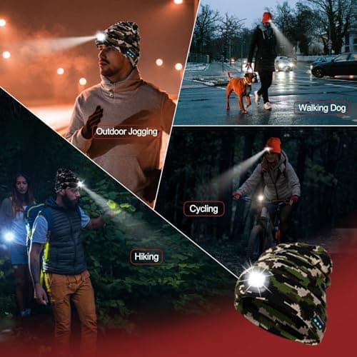 SYMNTEM Rechargeable Bluetooth Music Unisex Beanie Hat with Light for Hiking, Camping, Running, Beanie Headlamp, Gifts for Men, Women, Dad, Him, Her, Husband, Birthday Gifts for Men, Camouflage - Thumbnail 6