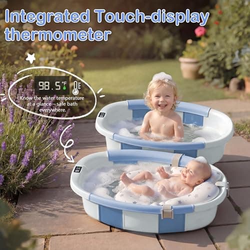 Collapsible Baby Bathtub - Large Baby Bath Tub with Thermometer | Bath Essential Bañera para Bebe Easy Fold Baby Tub | Travel Infant Newborn Toddler Bathtub for Baby Girl Boy 0 to 36 Months (Blue) - Thumbnail 5