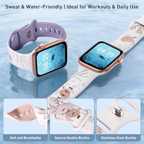 HMFCBFSS Engraved Cute Sea Turtle Band Compatible with Apple Watch Bands for Women Men 38mm 40mm 41mm 42mm, Stylish Two-Tone Floral Soft Silicone Sport Strap Fit iWatch Series 11 10 Se 9 8 7 6 5 4 3 2 1 (White/Sandy pink, 38mm/40mm/41mm/(42mm-Series 11 10) - Thumbnail 2