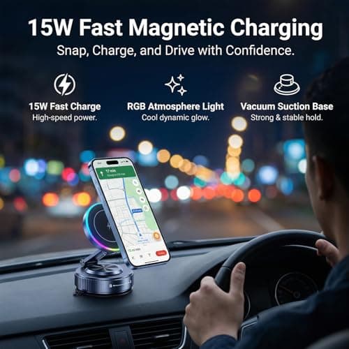GEYUTHS Vacuum Magnetic Phone Charging Holder Mount 15W Fast Wireless Charger for Car Magsafe 360° Adjustable Phone Holder with Nano Gel Suction Cup for iPhone 12-17 Pro Max (K5S) - Thumbnail 2