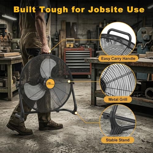 CREPOW 16" Portable Cordless Fan Compatible with Dewalt 20V Max Battery, Battery Powered Floor Fan, AC Adapter, USB&Type-C Charging, 2500 CFM Stepless Speed for Jobsite Garage Warehouse(No Battery) - Thumbnail 6