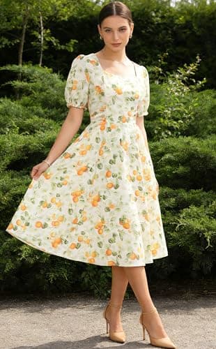 Belle Poque Apricot Floral Milkmaid Cocktail Party Wedding Guest Dress 2026 Summer Short Puff Sleeve Midi Sundress M - Thumbnail 6