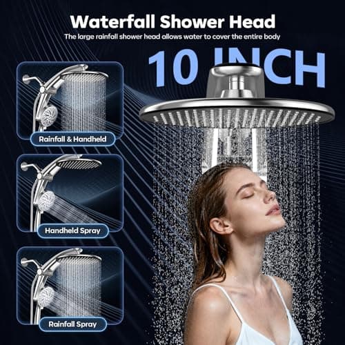 Rain Shower Head with Handheld,Dual Shower Head with Hose,Detachable 10" High Pressure Shower Head Combo with 9 Settings Shower Spray Built-in Magnetic Docking & Power Wash Mode (Chrome) - Thumbnail 3