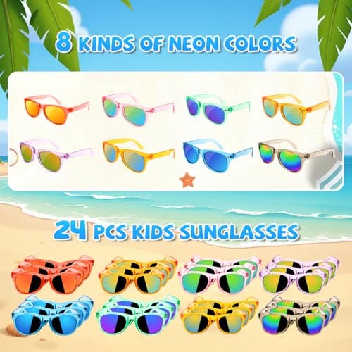 Resuar Party Favors Kids Sunglasses Bulk - Boys Girls Birthday Goodie Bags for Children Age 3-8, UV 400 Protection Neon Sunglasses Great Gifts Goody Bag Stuffers for Kids Party (24 Pack) - Thumbnail 2
