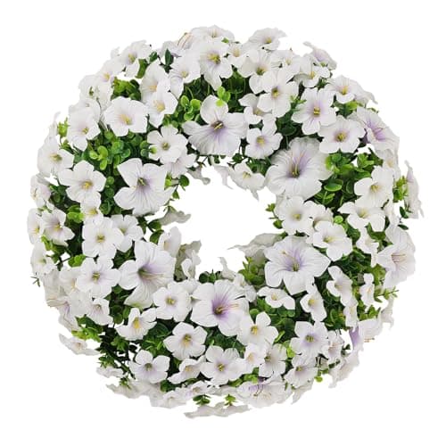 U'Artlines 20 Inch Summer Silk Floral Wreaths for Front Door, Artificial Boxwood Wreath with White Morning Glory Flowers, Faux Farmhouse Greenery Petunia Wreath for Outdoor Window Wedding Home Decor - Image 1