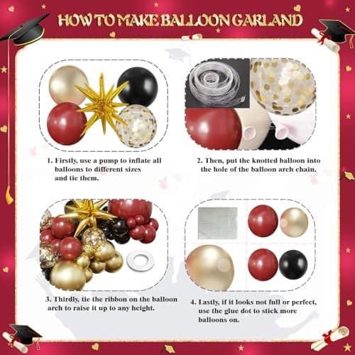 Burgundy Gold Balloon Arch Kit Graduation Decorations 2026, 130Pcs Burgundy Gold Black Balloons and Foil Star Balloon with Confetti Ribbons Grad Party Decorations for College High School Class of 2026 - Thumbnail 5