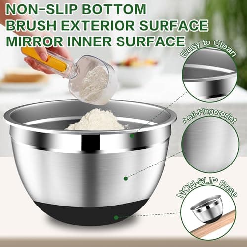 DUTZUN Mixing Bowls with Lids Set - 16pcs Stainless Steel Mixing Bowl Set with Colander, 3 Grater Attachments, Non-Slip Bottom, Metal Nesting Bowls with Strainer for Mixing & Serving - Black - Thumbnail 6