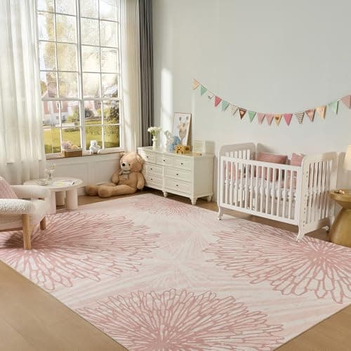 WITSHOCK Pink Rugs 8x10 for Bedroom Girls,Floral Modern Distress Print Pattern Carpet for Living Room Dining Room,Stain Resistant Anti Slip Backing Rugs for Kids Room Nursery Playroom,Light Pink - Thumbnail 2