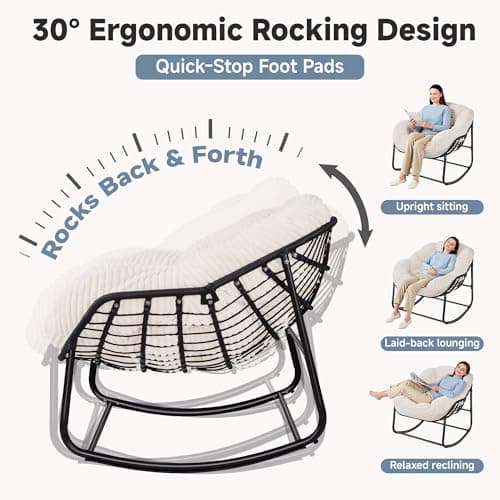Halituny Indoor Rocking Chair, Oversized Outdoor Lounge Chair with Thick Corduroy Cushion & Straps, Wicker Modern Comfy Rocker Egg Chair for Living Room, Bedroom, Porch and Courtyard, Beige - Thumbnail 3