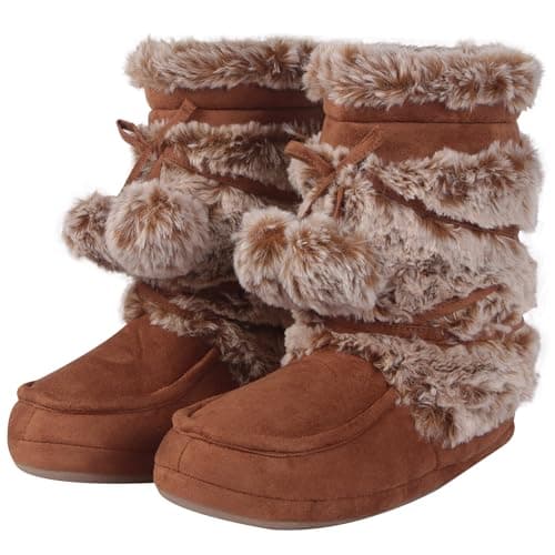 Forfoot House Slippers, Warm Soft Plush Lining Slippers Boots for Women Indoor Anti-Slip Shoes Soft Sole Lace Pom Pom Bedroom Booties Size 9/10 - Image 1
