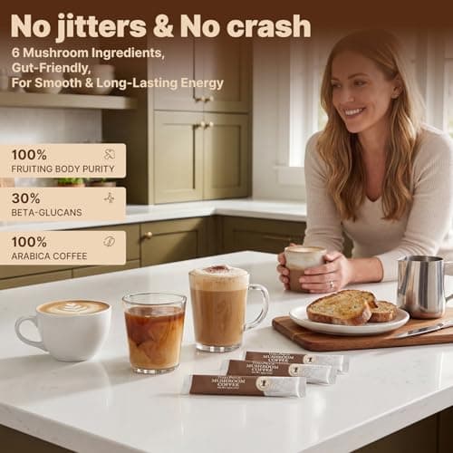 Instant Mushroom Coffee, Single Serve Postum Coffee Alternative (Low Caffeine, Sugar Free) Powder with Organic Lions Mane & Reishi for Better Energy, Focus, Digestion, Immunity, No Jitters, 30 Packets - Thumbnail 3