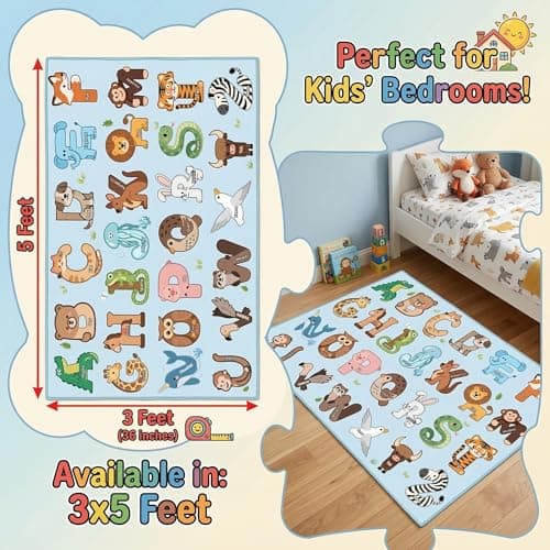 FTBNIQWRHN Kids Rugs for Playroom - 3x5 Feet ABC Alphabet Rug for Kids Room Educaitonal Learning Animal, Preschool Rug for Children Toddler Bedroom Nursery Kindergarten Decor, Blue - Thumbnail 2