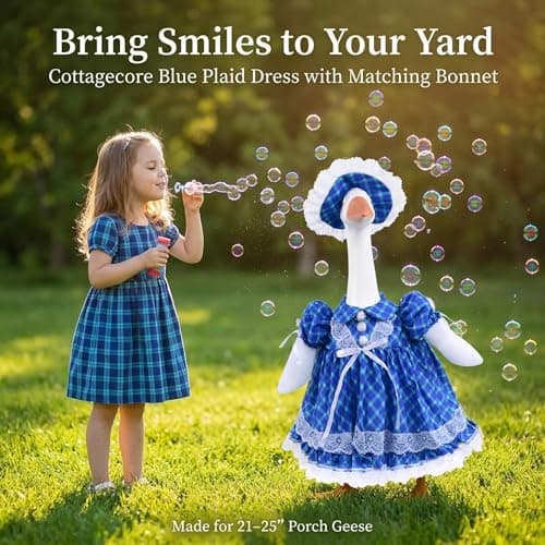 Sukione Blue Plaid Porch Goose Outfits, Summer Vintage Lawn Goose Clothes for 23" Cement Goose Statue, Cute Lace Dress with Hat for Outdoor Garden Patio Yard Art Decorations - Thumbnail 4