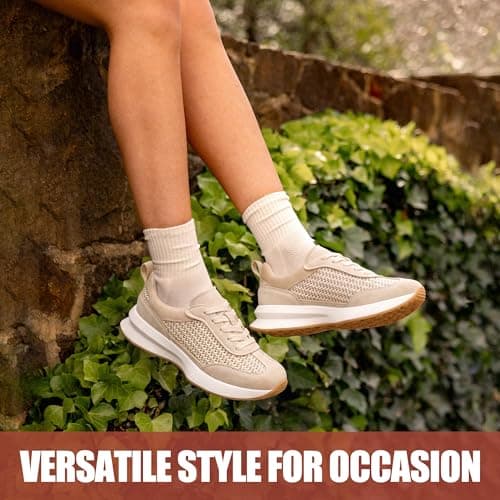 Vepose Women's Beige Lightweight Platform Sneakers Chunky Casual Tennis Shoes, Memory Foam Non Slip, Suede Raffia Lace Up, Everyday Walking Travel Office Size 9.5(CJY8216 Beige 09.5) - Thumbnail 5