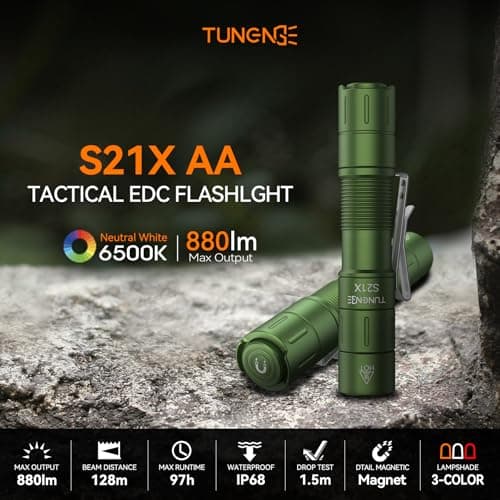 TUNENGE S21X Mini EDC Flashlight Rechargeable with Clip, 880 Lumens Super Bright AA Pocket Flashlight, Tactical Tail Switch & Magnet, 5 Mode Compact Light for Emergency, Outdoor, Camping(Green) - Thumbnail 2