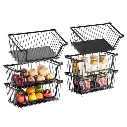 GAOKASE 6 Pcs Stackable Wire Baskets for Pantry Organizers and Storage,Vegetable Fruit Basket for Countertop,Kitchen Storage Metal Baskets,Produce Potato Onion Storage Bin,Black - Image 1