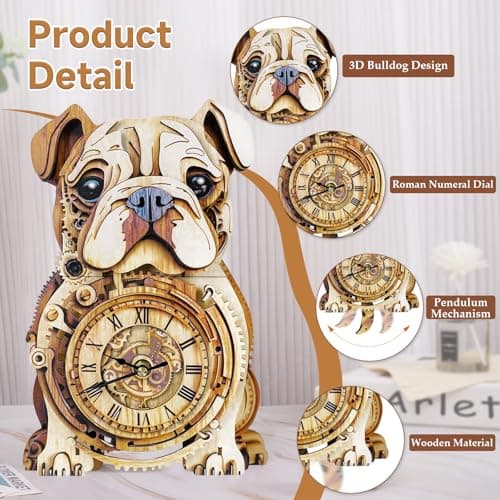 Kosmickiss Wooden Models for Adults to Build-Bulldog Clock with Swinging-3D Wooden Puzzles for Adults-Dog Mom Gifts for Women-DIY Clock Kit - Thumbnail 2