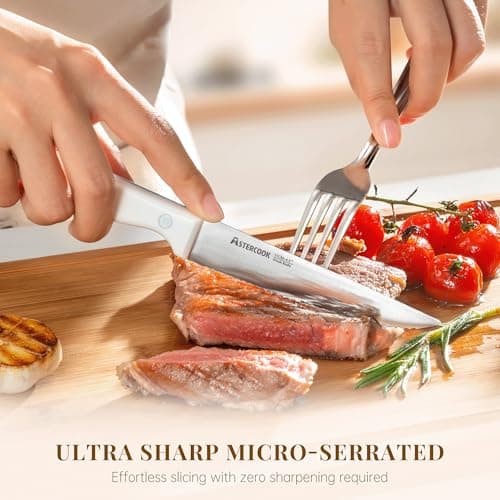 Astercook Steak Knives, Steak Knives Set of 8, High Carbon Stainless Steel Steak Knife Set with Full Tang Handle, Dishwasher Safe Serrated Knife, Elegant Cream White - Thumbnail 2