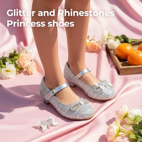 PATPAT Girls Dress Shoes Size 11 Little Kid, Silver Glitter Shoes with Butterfly Hair Clips, Sequins Rhinestones Bowknot Princess Low Heels Mary Jane Footwear Heels for Girls Dress Up - Thumbnail 2