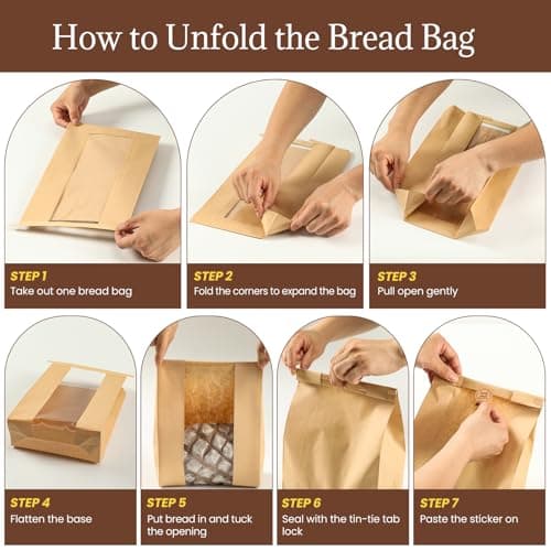 AOZITA 100 Pack Paper Bread Bags with Tin Tie Lock & Clear Window - Large Bakery Bags for Homemade Sourdough Bread, Cookies, Snacks Storage 14"x8.3"x3.5" Includes Seal Stickers - Thumbnail 3
