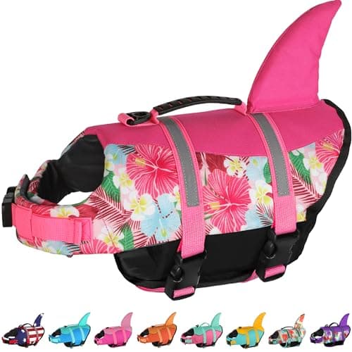 Dogcheer Dog Life Jacket Shark, Hawaiian Style Dog Life Vest for Swimming Boating with Superior Buoyancy and Rescue Handle, Reflective Pet Swim Vest for Small Medium Large Dogs - Flower Pink, XS - Image 1