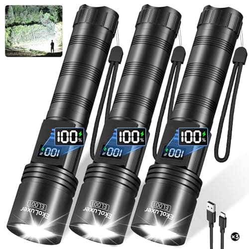 3Pack Rechargeable Flashlights 10000 High Lumens, Super Bright Flashlight with LCD Digital Display, 5Modes Adjustable LED Flashlight Tactical Flashlights High Powered, Flash Lights for Emergency - Image 1