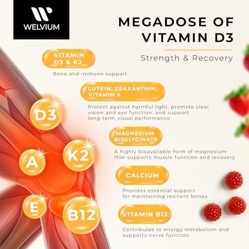 WELVIUM Vitamin D3 K2 Gummies 10000 IU with Magnesium Glycinate, Calcium, B12, K2 MK-7, Vitamins A, E, Lutein, Zeaxanthin - ADK Chewable Supplement for Bone, Eye, Immune Support - D3K2 Gummies - Thumbnail 6