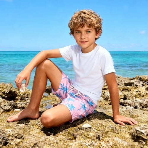 Cozople Swim Trunk for Boys Pink Blue Palm Tree Printed Swim Short Commpression Anti Chafe Swimsuit UPF Bathing Suit Boxer Brief Swimwear for Outdoor Size 8 - Thumbnail 2