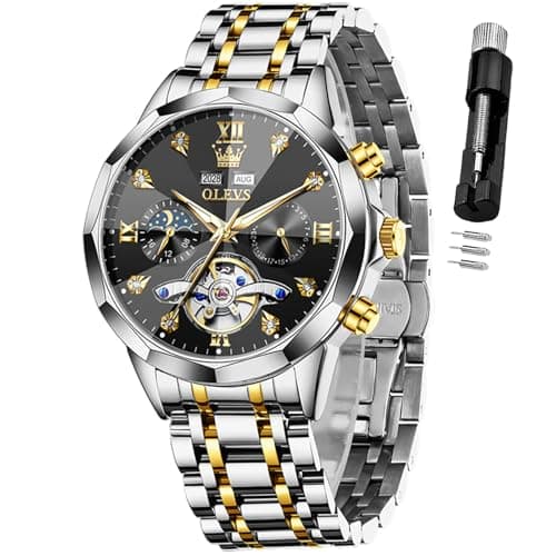OLEVS Automatic Watches for Men Black Luxury Sliver and Gold Mechanical Waterproof Men Wrist Watch Fashion Self Winding Mens Watches Two Tone Stainless Steel No Battery Watch Reloj para Hombre