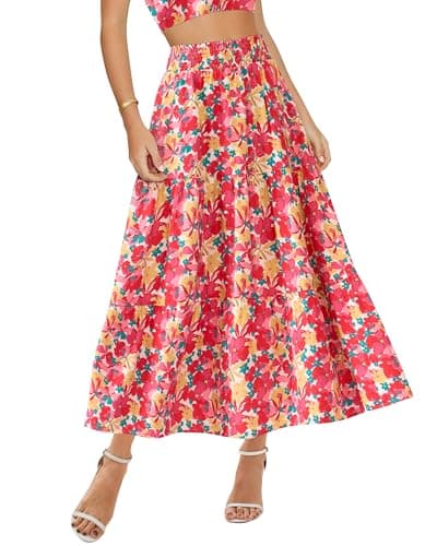 BTFBM Skirts for Women Summer 2026 Floral Print A Line Elastic High Waist Boho Maxi Skirt Spring Fashion Clothing Pocket(Floral Red Yellow, X-Large) - Image 1