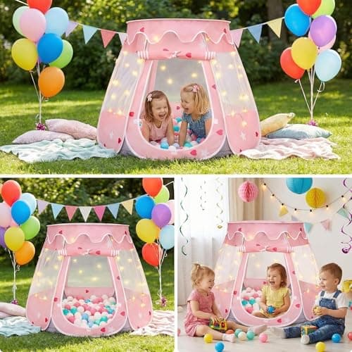 Pop Up Princess Tent with Star Lights for 1 2 3 Year Old Girl Birthday Gifts, Ball Pit for 12-18 Months Baby Girl Toys, Toddler Gifts with Carrying Bag, Indoor&Outdoor Play Tent for Kids (Pink Gray) - Thumbnail 6