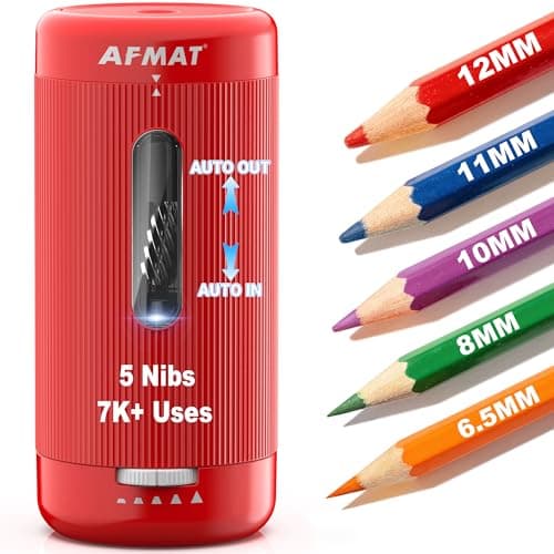 AFMAT Electric Pencil Sharpener, Auto in & Out, 5 Nibs, 7K+ Uses, Fully Automatic Pencil Sharpener for Classroom, Rechargeable Hands-Free Sharpeners for Jumbo/Colored Pencils (φ6.5-12mm) PSC3(Red)