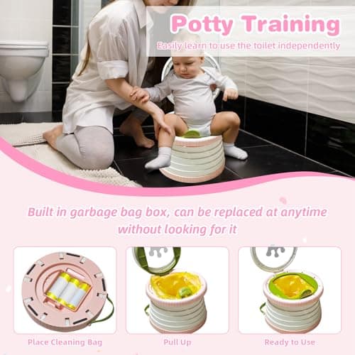 Portable Potty Chair for Toddlers with Splash-Proof Design, Foldable Travel Potty with Bag & 30 Refills - Kids Toilet for Car, Camping, Indoor - Easy Clean Baby Potty Training Seat (White-Pink) - Thumbnail 3