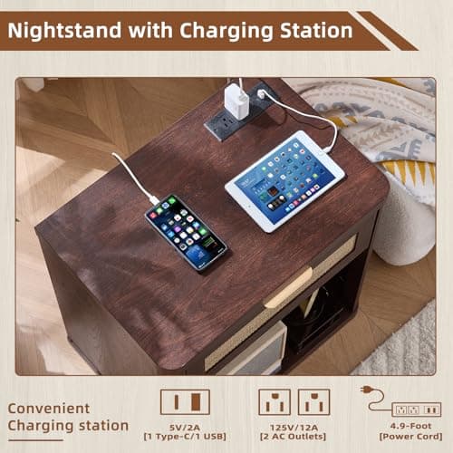 LEYAOYAO Rattan Nightstands Set of 2 with Charging Station, Walnut Night Stand with Drawer, 23" Wide Boho Bedside Table with Storage Shelf, Bed Side End Tables for Bedroom, Living Room, Hallway - Thumbnail 5