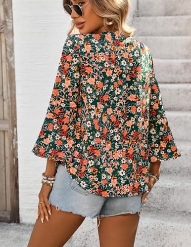 LOOKBOHO Boho Tops for Women 3/4 Sleeve Floral Blouses Ruffle Sleeve Button V-Neck Casual Business Shirts Orange XXL - Thumbnail 3