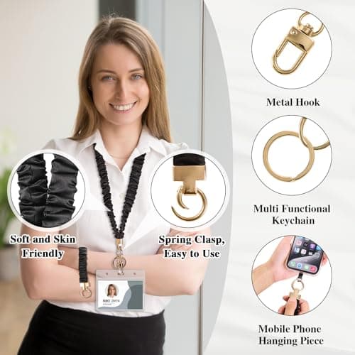 Scrunchie Lanyard with ID Holder Teacher Lanyards for ID Badges and Stretchy Scrunchie Keychain Wristlet for Women (Black) - Thumbnail 4