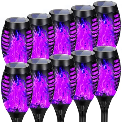 AOUNQ Solar Lights Outdoor, Upgraded 10 Pack Purple Solar Torch Lights Outdoor Flickering Flame for Garden Decor, Waterproof Outdoor Lights Solar Powered, Tiki Torches for Outside Yard Pathway Decor
