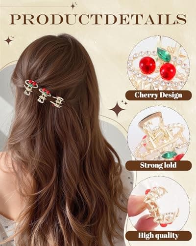 6PCS Rhinestones Cherry Small Hair Clips-Mini Claw Clips for Women, Metal Springs, Cute Hair Accessories for Updo and Half Up Styles (Oval Cherry) - Thumbnail 2