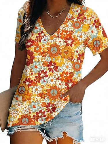 Women Hippie Shirt 60s 70s Peace Love Graphic Tie Dye V-Neck Tshirt Vintage Hippie Style Tee Tops - Image 1