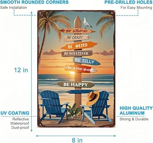 Carastora Tropical Beach Metal Sign – 8x12 Inch Retro Wall Decor with Surfboards and Palm Trees – Vintage Tin Sign for Patio, Porch, Bar, or Coastal Bathroom - Thumbnail 6