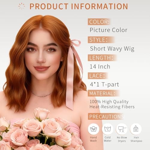 Uioxvn Ginger Orange Short Wavy Synthetic Wig Lace Hairline Bob Style Heat Resistant Fiber Wigs for Women Shoulder Length Copper Middle Part Natural Appearance Everyday Hairstyle 14 Inch - Thumbnail 5