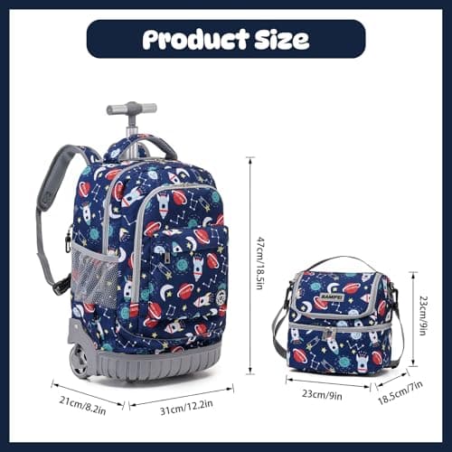 BAMIFEI 18 Inch Rocket Rolling Backpack for Kids, Rocket Roller Backpacks Kids Backpack Carry On Wheeled School Backpack, Spacious Multiple Compartments Quiet Wheels Travel Backpack for Boys - Thumbnail 2
