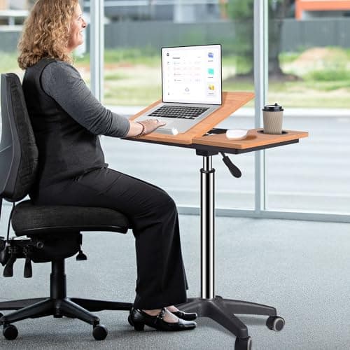wishacc Rolling Desk Adjustable Height, Mobile Standing Desk on Wheels, Small Portable Sit Stand Laptop Cart, Wood Computer Desk with Cup Holder for Home Office (Extra Large) - Thumbnail 4