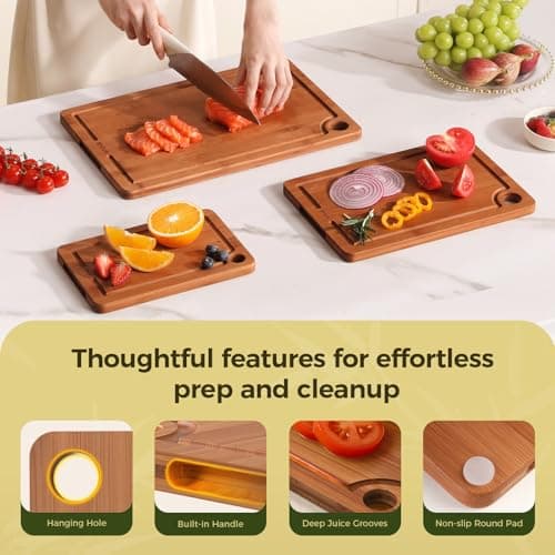 Bamboo Cutting Board for Kitchen – 3-Piece Wooden Boards with Juice Grooves, Side Handles, Non-Slip Mats – Perfect for Meat, Veggies Fruit,Cutting Board & Knife Sets – Ideal Kitchen Gift - Thumbnail 5