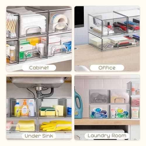 Criusia Stackable Storage Drawers, 3 Pack Clear Acrylic Makeup & Bathroom Organizer, Versatile Storage Bins for Vanity, Under Sink, Kitchen Cabinets & Pantry - Thumbnail 6