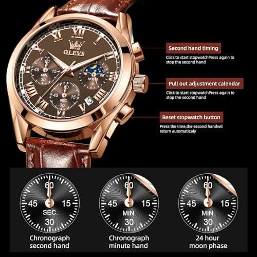 OLEVS Mens Watches Casual Brown Leather Mens Watch Rose Gold Analog Waterproof Chronograph Watch for Men Classic Vintage Quartz Date Moon Phase Men's Wrist Watches Reloj para Hombre - Thumbnail 4