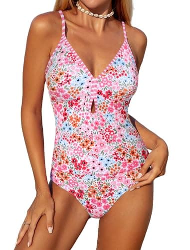 ZAFUL Two Piece Womens Tankini Swimsuits V Neck Color Blocked Plaid Tummy Control Swimsuit with Wigh Waist Briefs Swimwear Floral M - Image 1