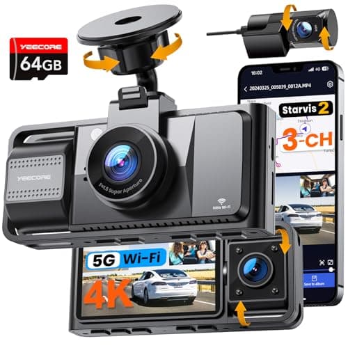 Real 4K 3 Channel Dash Cam Front and Rear Inside, STARVIS 2 HDR Sensor, 5.8GHz Wi-Fi GPS G-Sensor, 4K+1080P+1080P Dash Cam, 64GB Card Included, IR Night Vision, 3.3" IPS Screen, 24Hr Parking Monitor - Image 1
