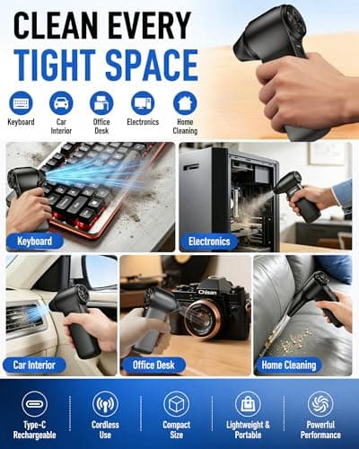 Compressed Air Duster 180000RPM – Super Power Cordless Electric Air Duster with 3-Speed Turbo Fan, Rechargeable Air Blower for Computer, Keyboard, Car, Camera & Home Cleaning - Thumbnail 4